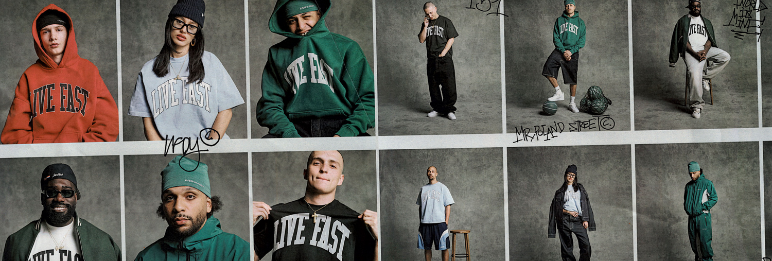 A collage of diverse people posing in streetwear, mainly green, gray, and red hoodies and T-shirts with LIVE FAST text, against a studio backdrop. Some sign their names under their photos.