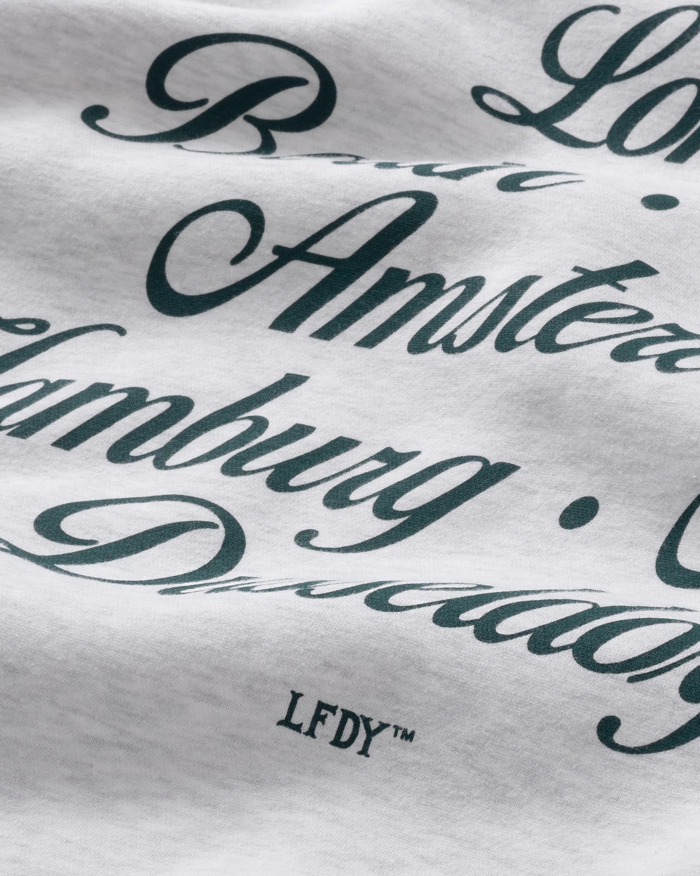 A close-up of the Rhine Area Hooded by LIVE FAST DIE YOUNG shows white Baumwolle fabric with bold black script listing cities like Amsterdam and Hamburg. The small LFDY™ text appears near the bottom of the image.