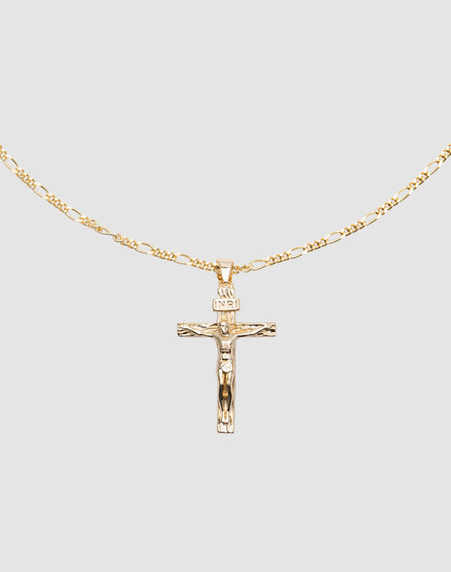 The LIVE FAST DIE YOUNG Cross Pendant is a gold chain necklace with a crucifix, crafted from 925 gold-plated sterling silver, shown on a plain light gray background.
