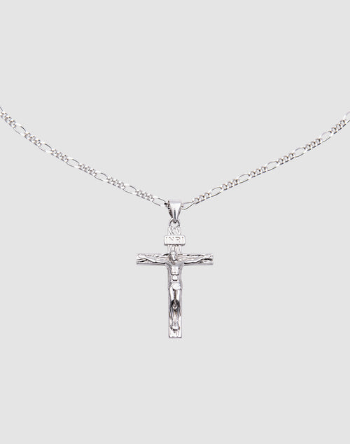 The Cross Pendant by LIVE FAST DIE YOUNG is a silver necklace featuring a detailed crucifix depicting Jesus, crafted from 925 Sterling Silber and displayed against a plain light gray background.