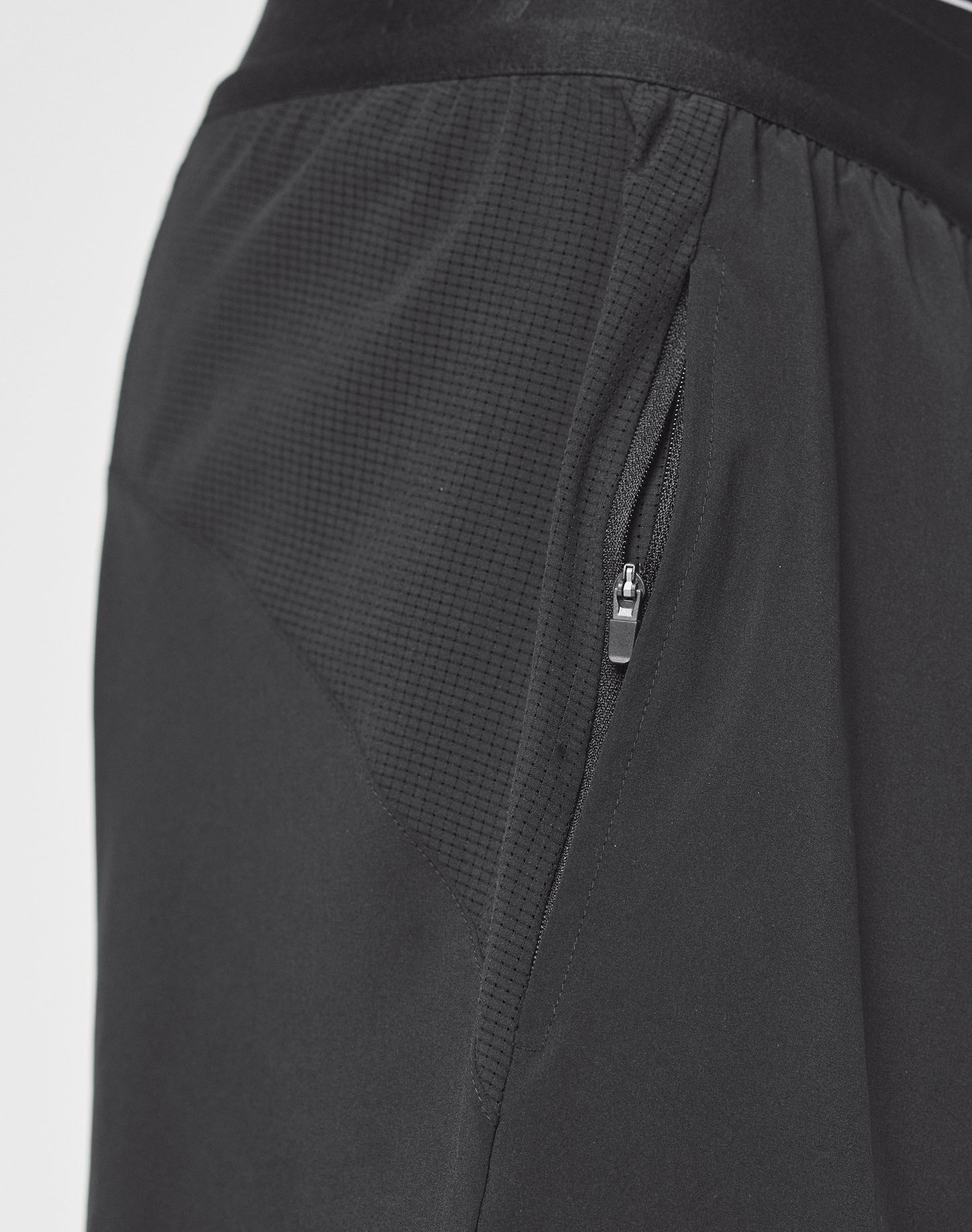 Close-up of Live Fast Performance Running Shorts by LIVE FAST DIE YOUNG, featuring a textured mesh panel, branded detailing, and a zippered side pocket with a small zipper pull.