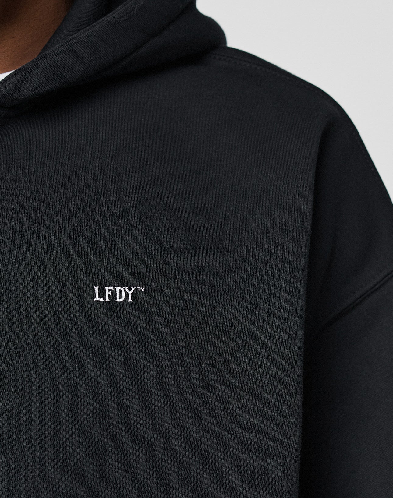 A close-up of a person wearing the LIVE FAST DIE YOUNG Basic Hooded Zip in black, featuring a slightly cropped fit and white embroidered LFDY™ letters on the chest against a plain light gray background.