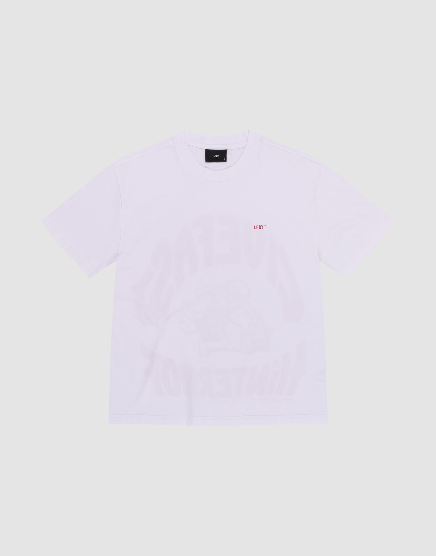 The LFDY Hinterhof Tee by LIVE FAST DIE YOUNG is an oversize fit white T-shirt made from 100% Baumwolle, featuring a small red LIFE text on the chest plus subtle front and back prints. It is shown laid flat against a light background.