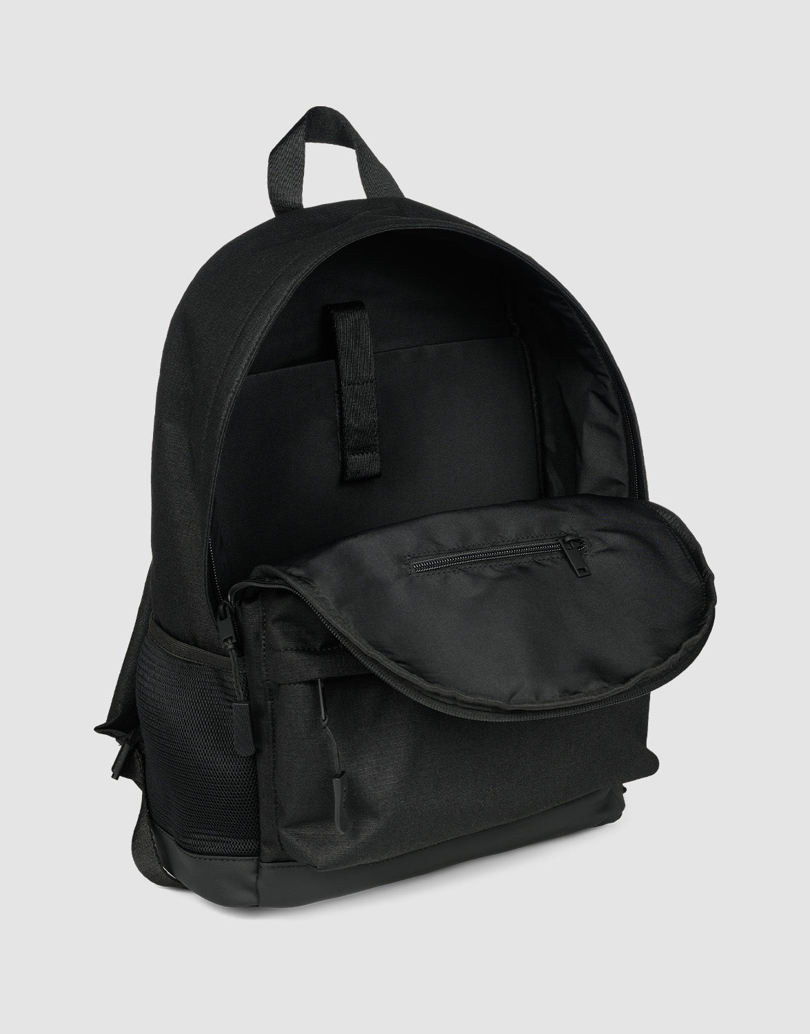 The LFDY Backpack by LIVE FAST DIE YOUNG is a black 19L laptop rucksack with an internal sleeve, front zip pocket, mesh side pocket, adjustable shoulder straps, and a top carrying handle.