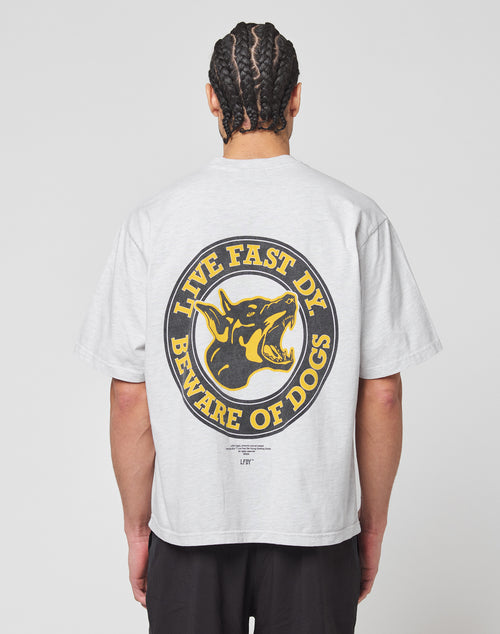 A person with braided hair wears the LFDY Circle Dog Tee by LIVE FAST DIE YOUNG, an oversize fit, light gray T-shirt with a vintage wash. Its back shows a snarling dog and bold yellow “LIVE FAST DIE” and “BEWARE OF DOGS” circular graphics.