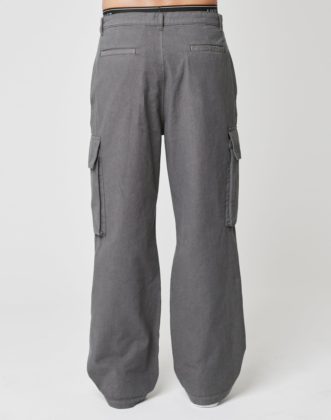 Back view of a person wearing LIVE FAST DIE YOUNG wide fit Wide Cargo pants in gray ripstop, featuring side flap cargo pockets and back welt pockets, standing against a plain white background.