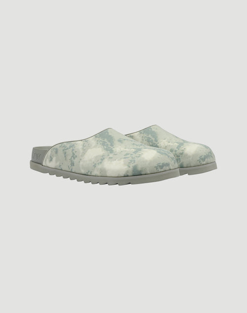 The LFDY Mules by LIVE FAST DIE YOUNG feature a gray and white marbled PU upper, ridged EVA sole, and closed toe design, shown against a plain white background.