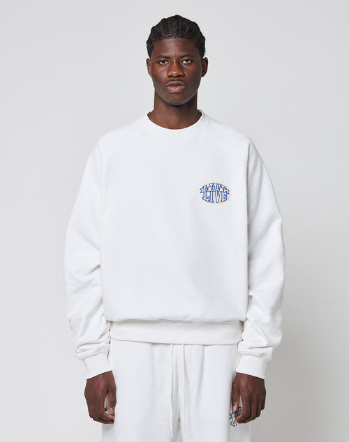 A person faces forward wearing a LIVE FAST DIE YOUNG LFDY Radiator Sweater in oversize white with matching pants. The Baumwolle Polyester sweater has a small blue LEARN TO LIVE graphic on the left chest. The background is plain light gray.