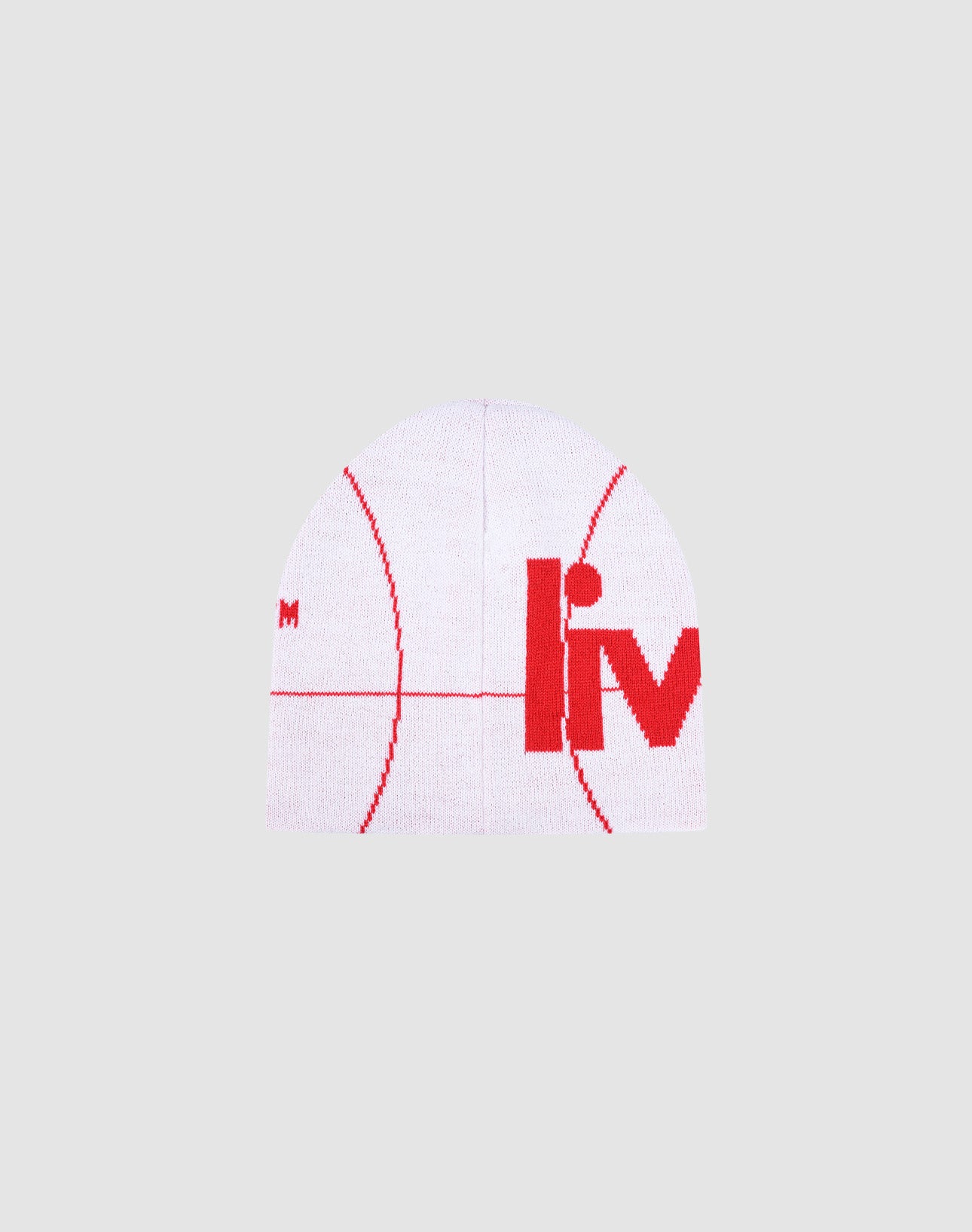 The LFDY Target Beanie by LIVE FAST DIE YOUNG is a white polyacryl beanie with red basketball-style seams, bold partial "l i v" letters on the right side, and Logostrick detailing, shown against a gray background.