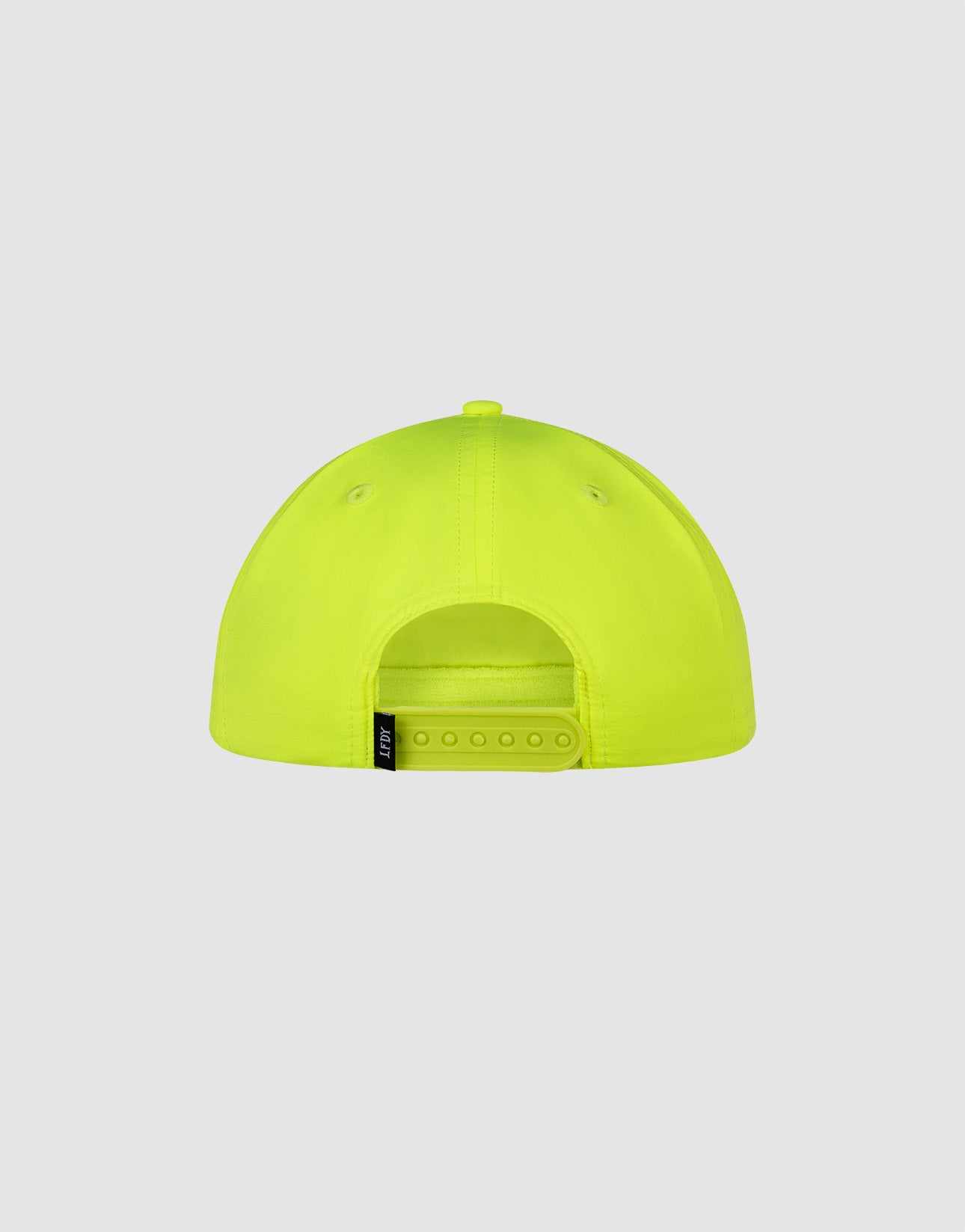 The LIVE FAST DIE YOUNG LFDY Hotline Cap is a bright yellow unstructured 5-panel hat, shown from the back with an adjustable snapback and a small black side tag. Its modern polyester design stands out against a plain light gray background.