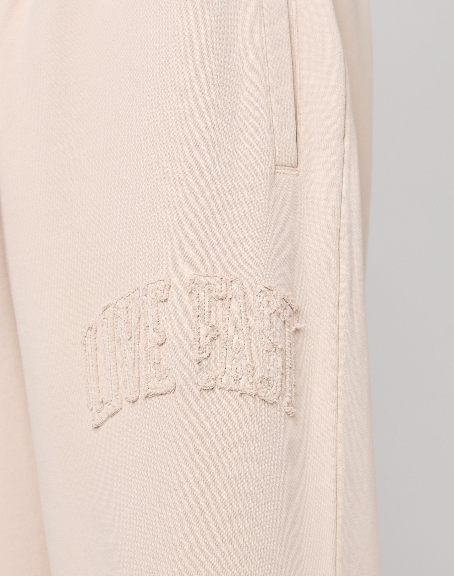 Close-up of Ripped College Wide Jogger by LIVE FAST DIE YOUNG in light beige, crafted from soft Baumwolle, with textured embroidered LIVE FAST text near the pocket.