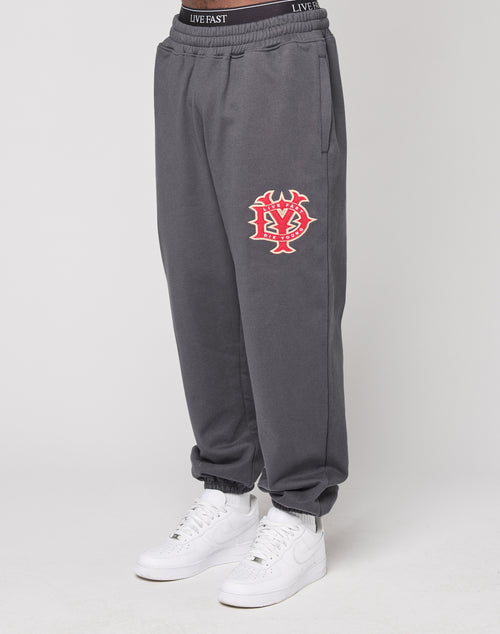 A person shows only their lower body, hands in pockets, wearing LIVE FAST DIE YOUNG's gray DY Loose Jogger with a red and white graphic on the left thigh and white sneakers. The sweatpants have an Elastikbund and are set against a plain background.