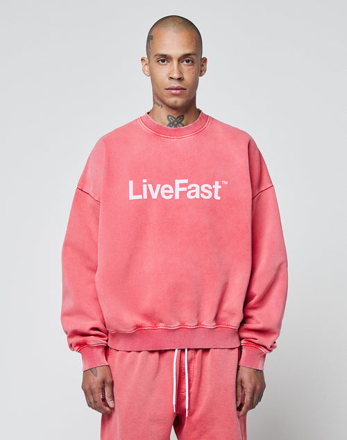 A person wears the oversize Basic LiveFast Sweater by LIVE FAST DIE YOUNG in faded pink, featuring a bold frontprint and paired with matching sweatpants, standing against a plain light gray background.