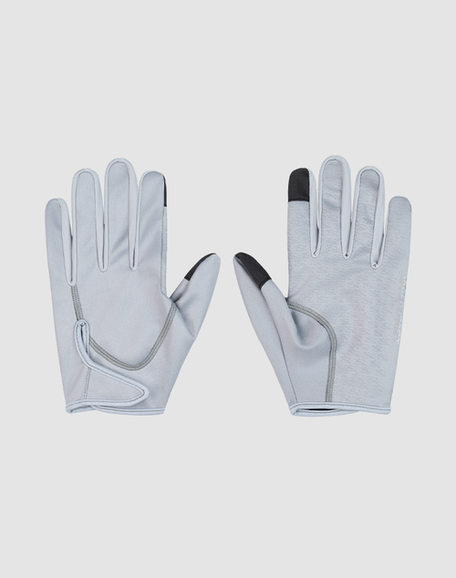 A pair of LIVE FAST DIE YOUNG Live Fast Gloves in light gray with black tips on the thumb and index finger, shown palm up and palm down against a plain white background.