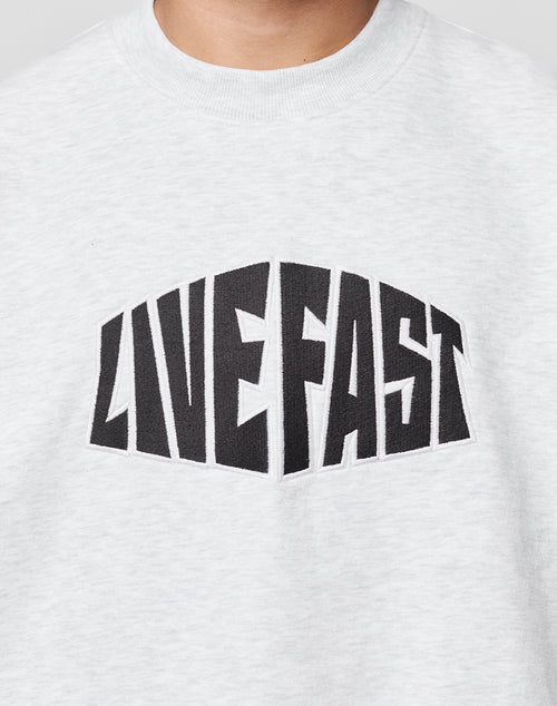 A person wears the LFDY Emblem Sweater by LIVE FAST DIE YOUNG—an oversized light gray cotton sweatshirt with bold, black, distorted LIVE FAST lettering on the front.