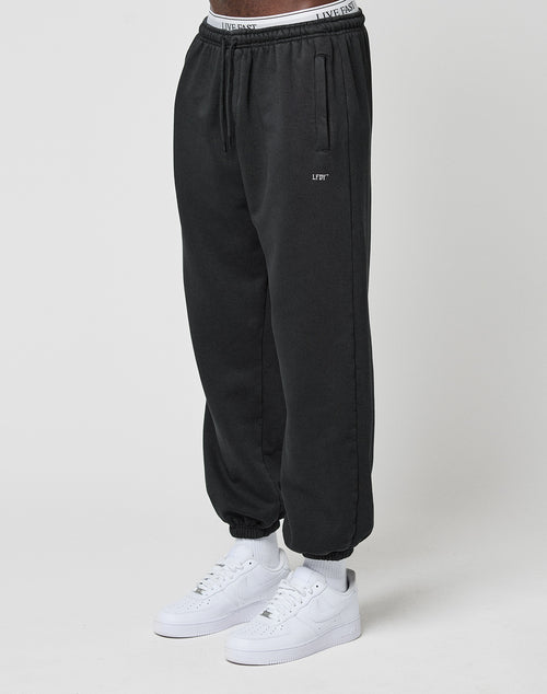 The lower half of a person is shown wearing LIVE FAST DIE YOUNG Basic Loose Jogger sweatpants in black with logo print and elastic cuffs, paired with white sneakers, against a plain light gray background.
