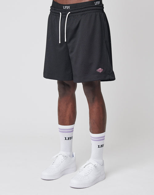 Someone wearing LIVE FAST DIE YOUNG Basic Mesh Shorts with an elastic waistband and small embroidered logo, white socks with LFDY text and purple stripes, and white sneakers, stands against a plain light background.