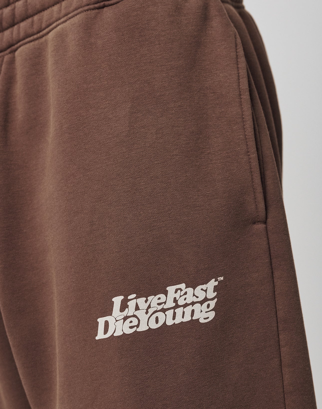 Close-up of the Basic Jogger by LIVE FAST DIE YOUNG, featuring brown fabric with a vintage wash and white Live Fast Die Young text on the pocket area.