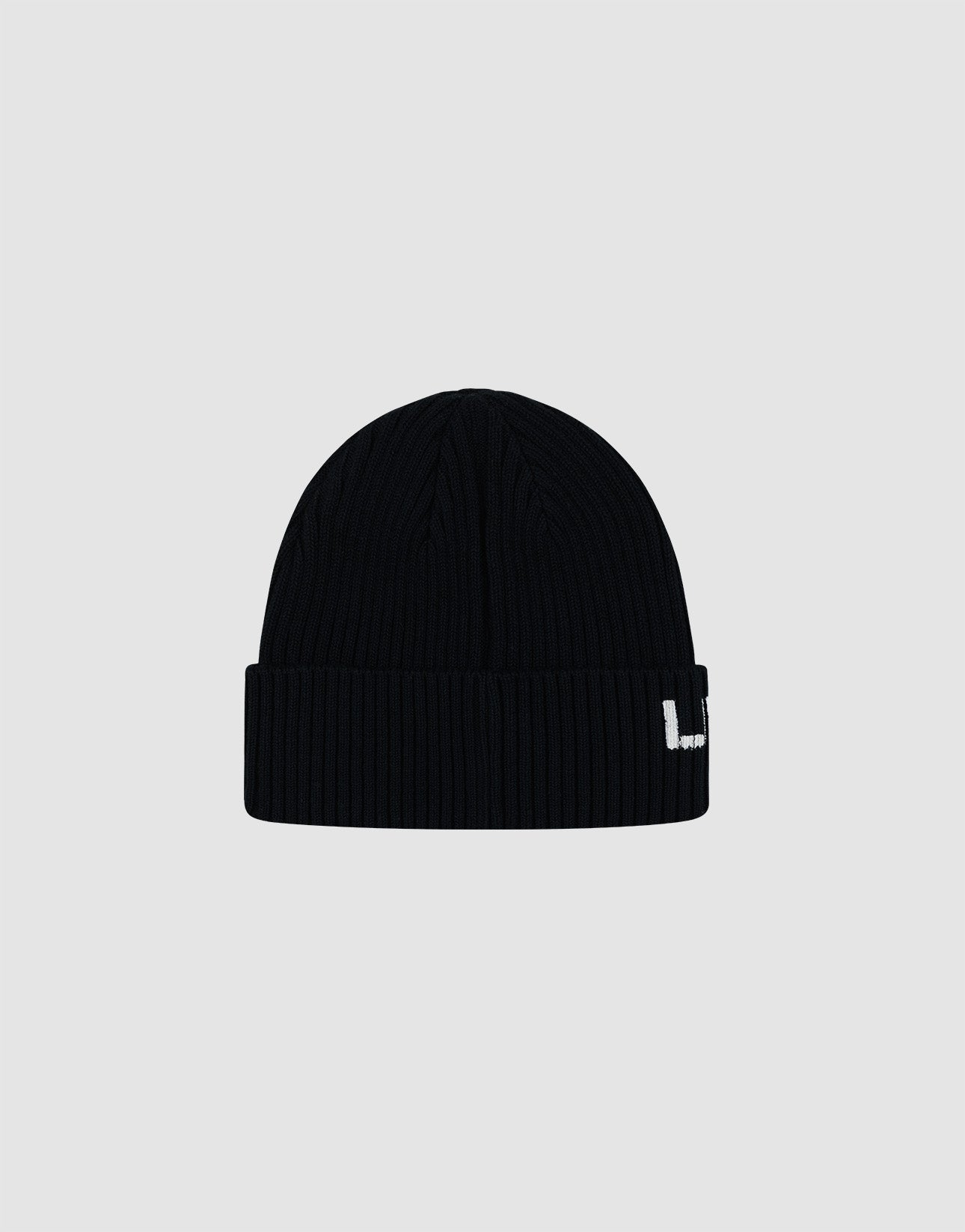 The Live Fast Army Beanie by LIVE FAST DIE YOUNG is a black ribbed knit beanie with a folded brim and a small white embroidered "L" on the front. Made from 100% Baumwolle, it stands out stylishly against a light gray background.