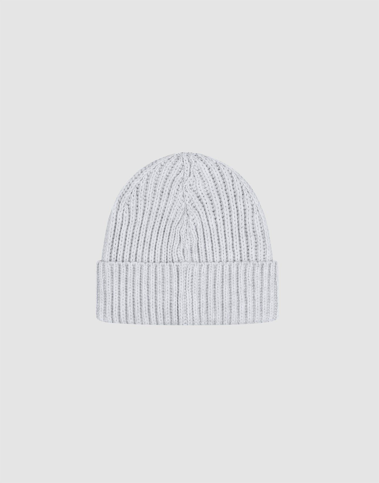 The LIVE FAST DIE YOUNG Rib Knit Beanie in light grey is crafted from soft polyacryl, featuring a folded cuff. Shown on a plain white background, this one-size beanie delivers comfort and timeless style.