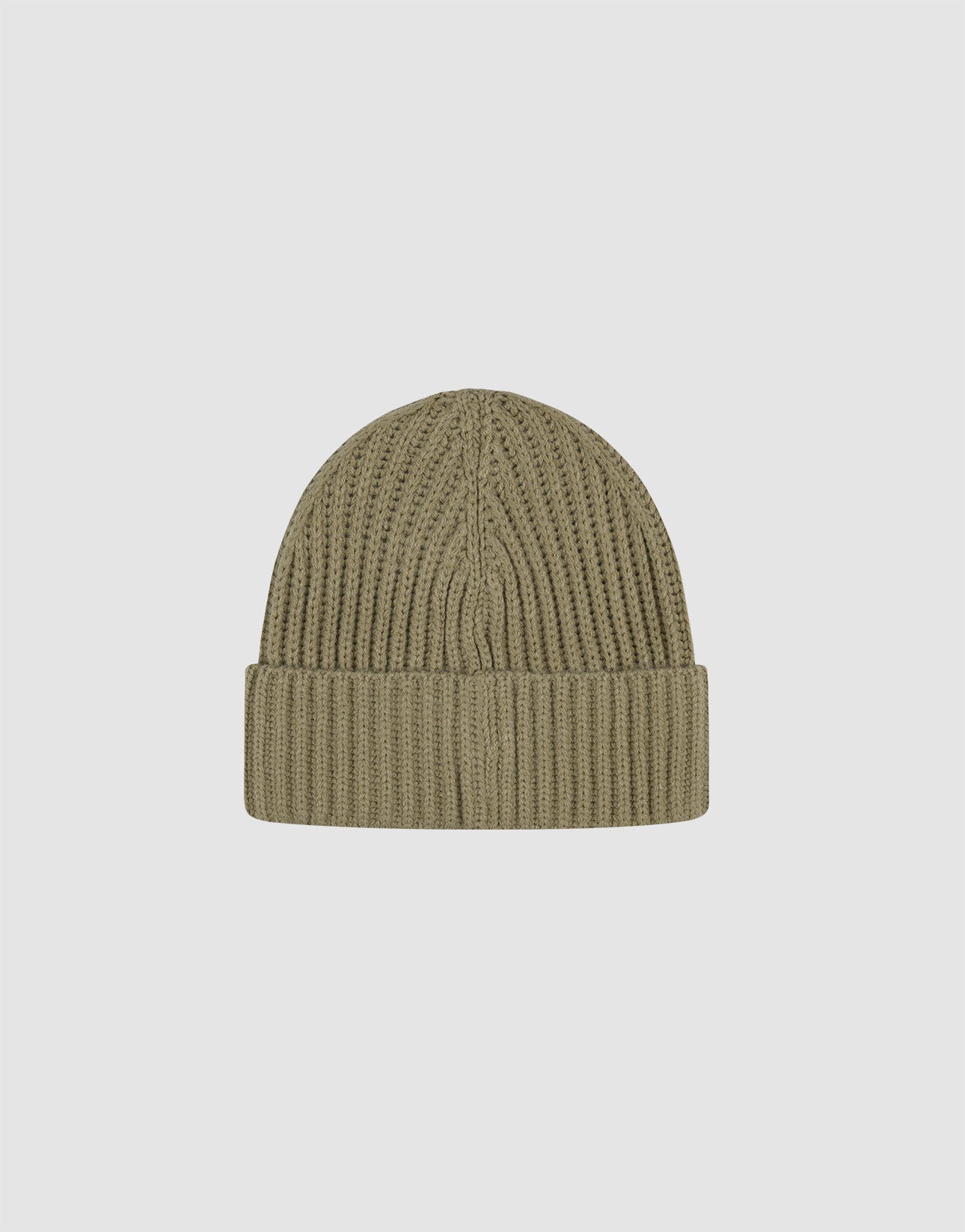 The LIVE FAST DIE YOUNG Rib Knit Beanie in khaki features a ribbed knit design, wide folded cuff, and subtle flag-label detail, shown on a plain light gray background.