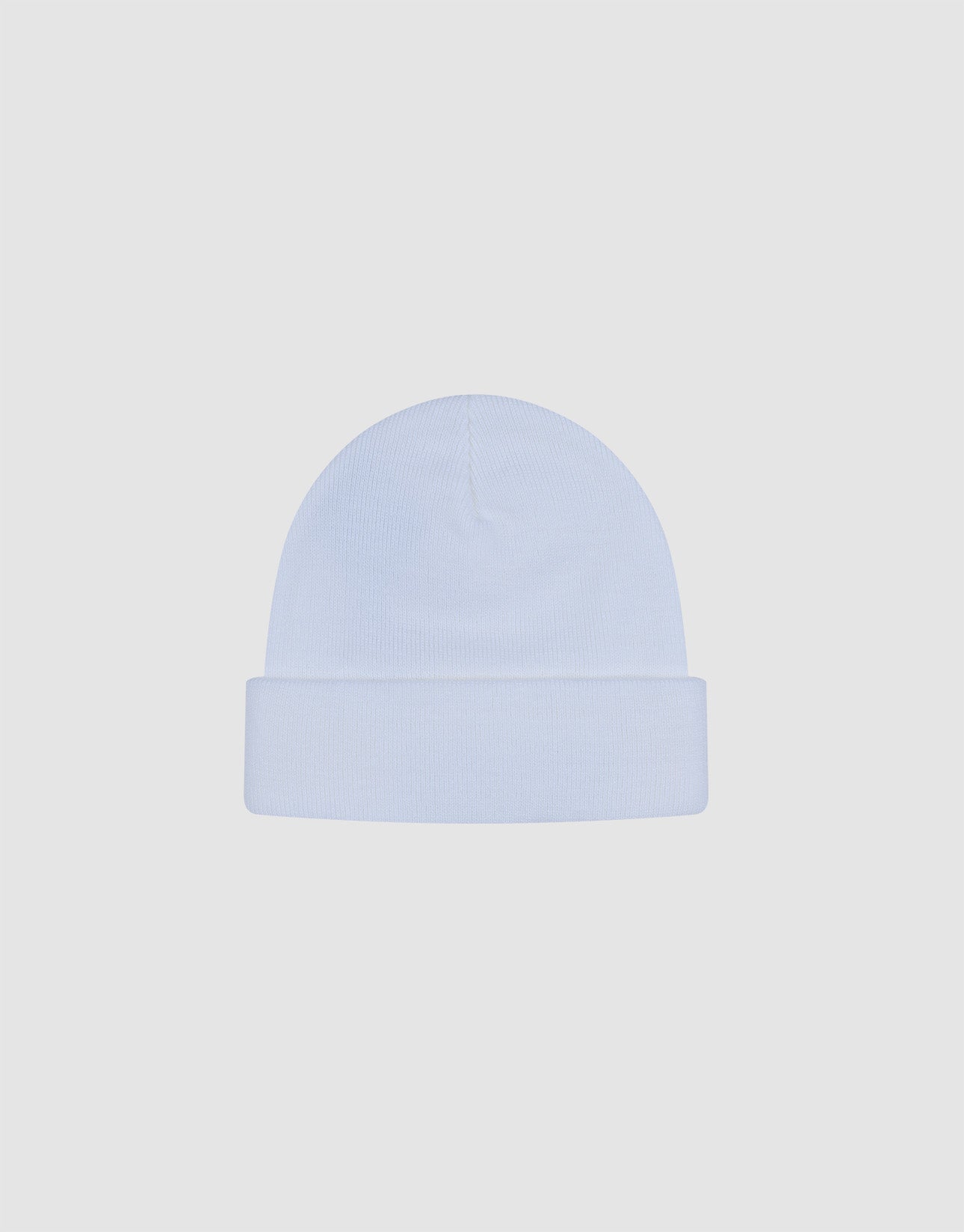 The LIVE FAST DIE YOUNG Basic Beanie is a plain white, one-size knit hat with a folded brim and subtle flag-label detail, crafted from soft polyamid, shown against a light gray background.