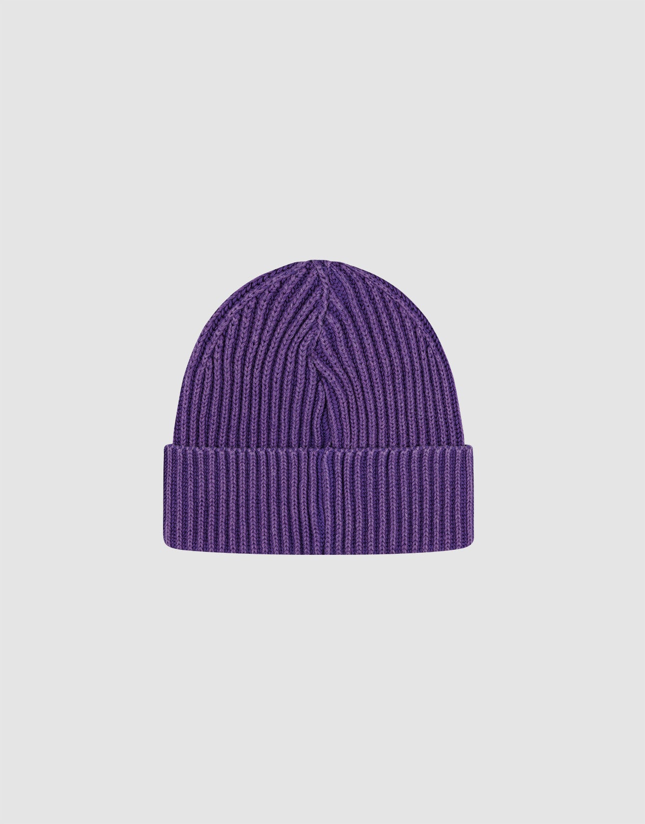 A purple Washed Rib Knit Beanie by LIVE FAST DIE YOUNG, made from 100% Baumwolle with a wide folded brim. Displayed on a plain light gray background. One Size for comfortable everyday wear.