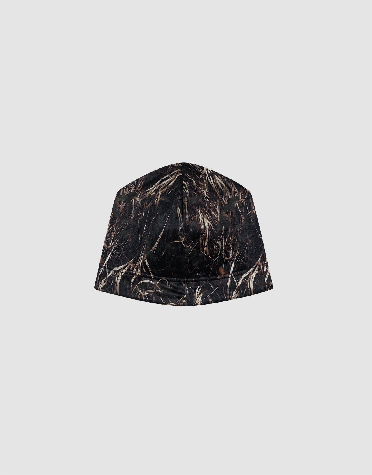 The Live Fast Performance Beanie by LIVE FAST DIE YOUNG features a brown and black dried grass camouflage, a soft fleece lining, and a subtle logo print, shown against a plain light gray background.