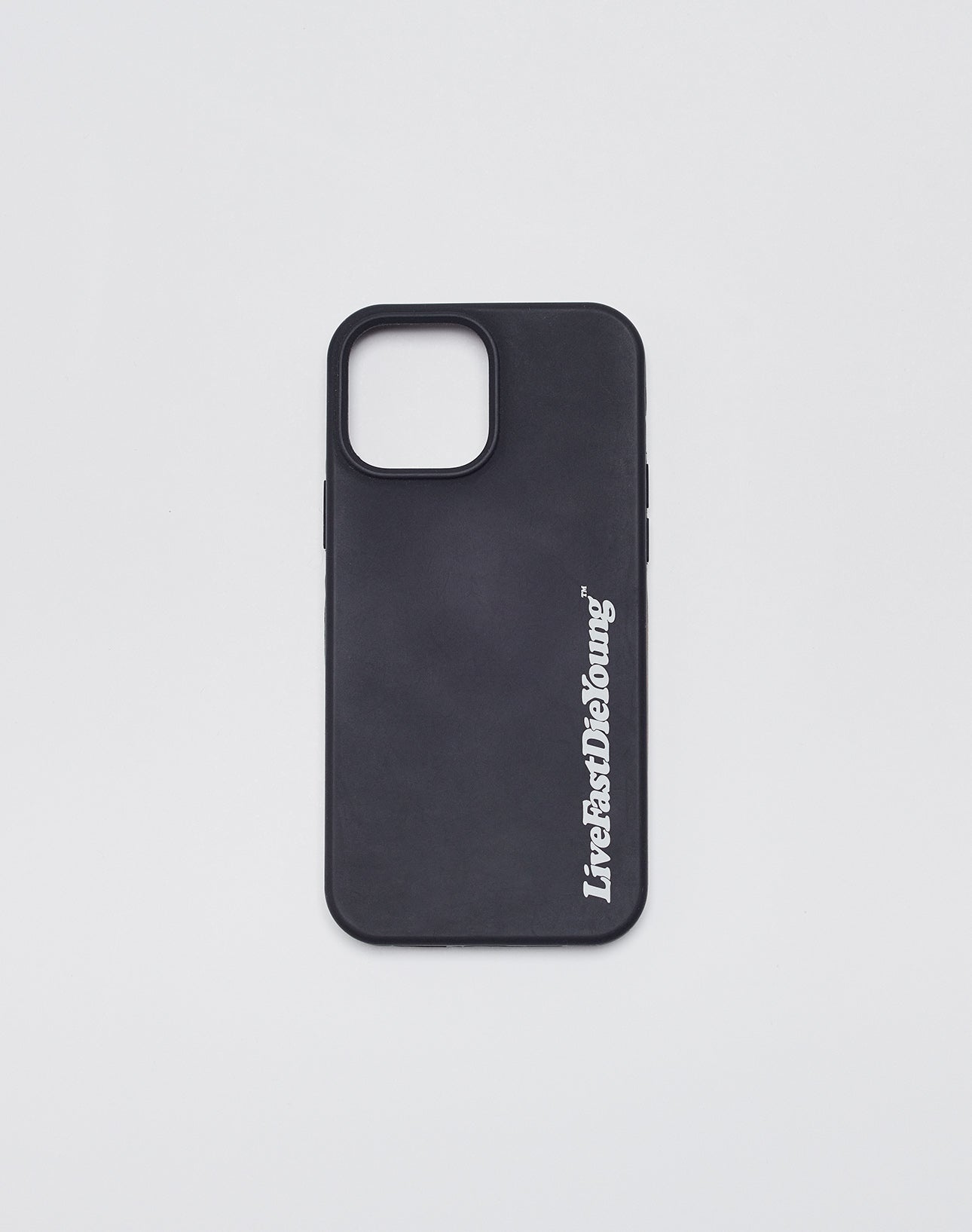The LIVE FAST DIE YOUNG Basic Phone Case is a black TPU cover with an open camera slot and LiveFastDieYoung in white distressed text along the right side, shown on a plain white background.