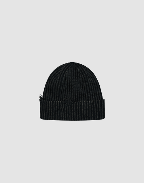 The LIVE FAST DIE YOUNG Distressed Rib Knit Beanie in black, made from 100% Baumwolle, features a folded brim and subtle Flag-Label, displayed centered on a plain light gray background.