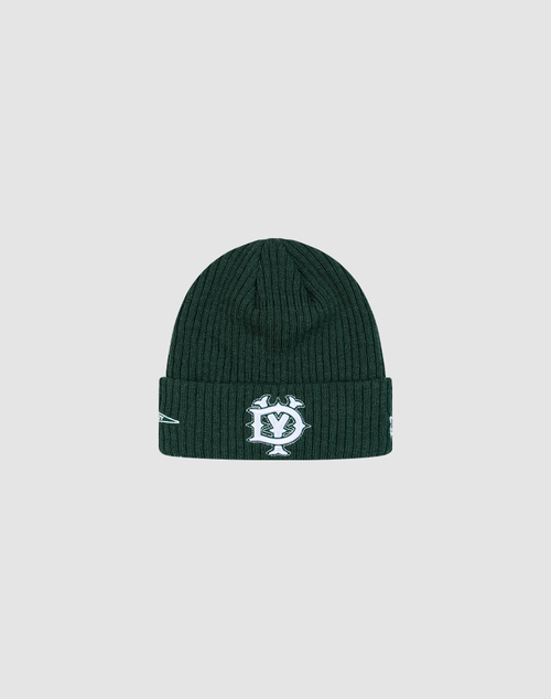 The LFDY x New Era Beanie by LIVE FAST DIE YOUNG is a dark green ribbed knit beanie with a white embroidered DY logo and symbols on the folded cuff, shown against a plain light gray background.