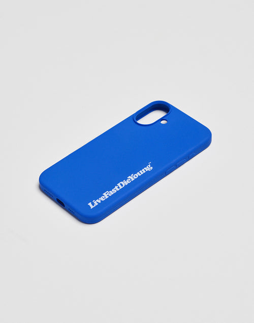 A blue Basic Phone Case by LIVE FAST DIE YOUNG, featuring Live fast Die young in white on the back, shown against a plain light gray background.