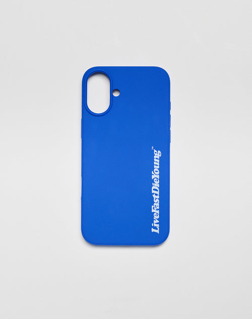A bright blue Basic Phone Case by LIVE FAST DIE YOUNG, with LiveFastDieYoung in white text along the right side and a Logo Print, displayed on a plain light gray background.