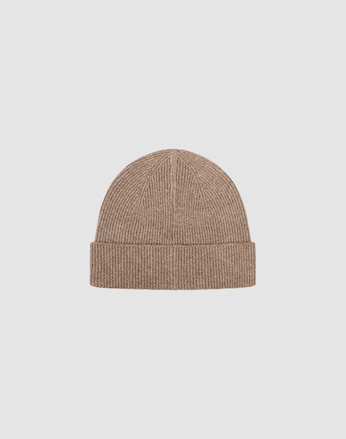 The Live Fast Boucle Beanie by LIVE FAST DIE YOUNG features brown ribbed knit polyester, a folded cuff, and subtle flag-label detail. Displayed on a light gray background. One size for a comfortable, versatile fit.