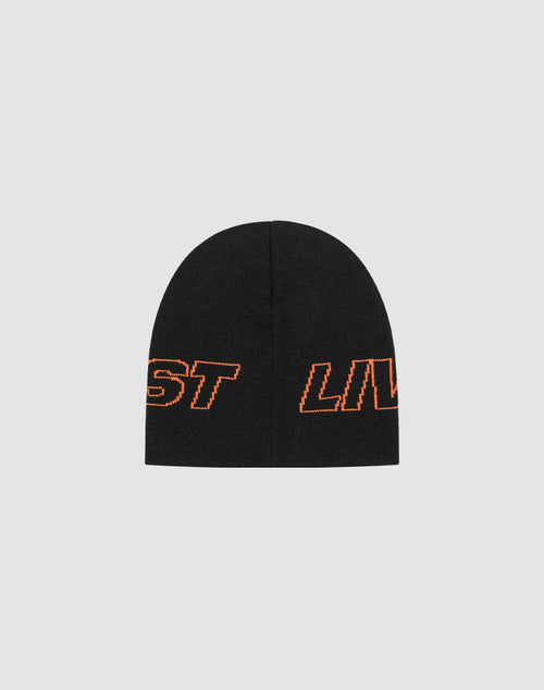 The Live Fast Jacquard Beanie by LIVE FAST DIE YOUNG is a black Polyacryl beanie with orange outlined, partially visible Strick logo (ST left, LIV right), shown on a light gray background. Style code: LF2503-17393.