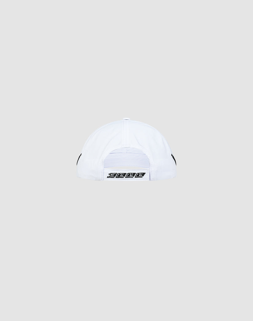 The LIVE FAST DIE YOUNG Live Fast 3000 Cap is a white baseball cap shown from the back, featuring an adjustable black and white Klettverschluss strap with subtle pipings, set against a light gray background.