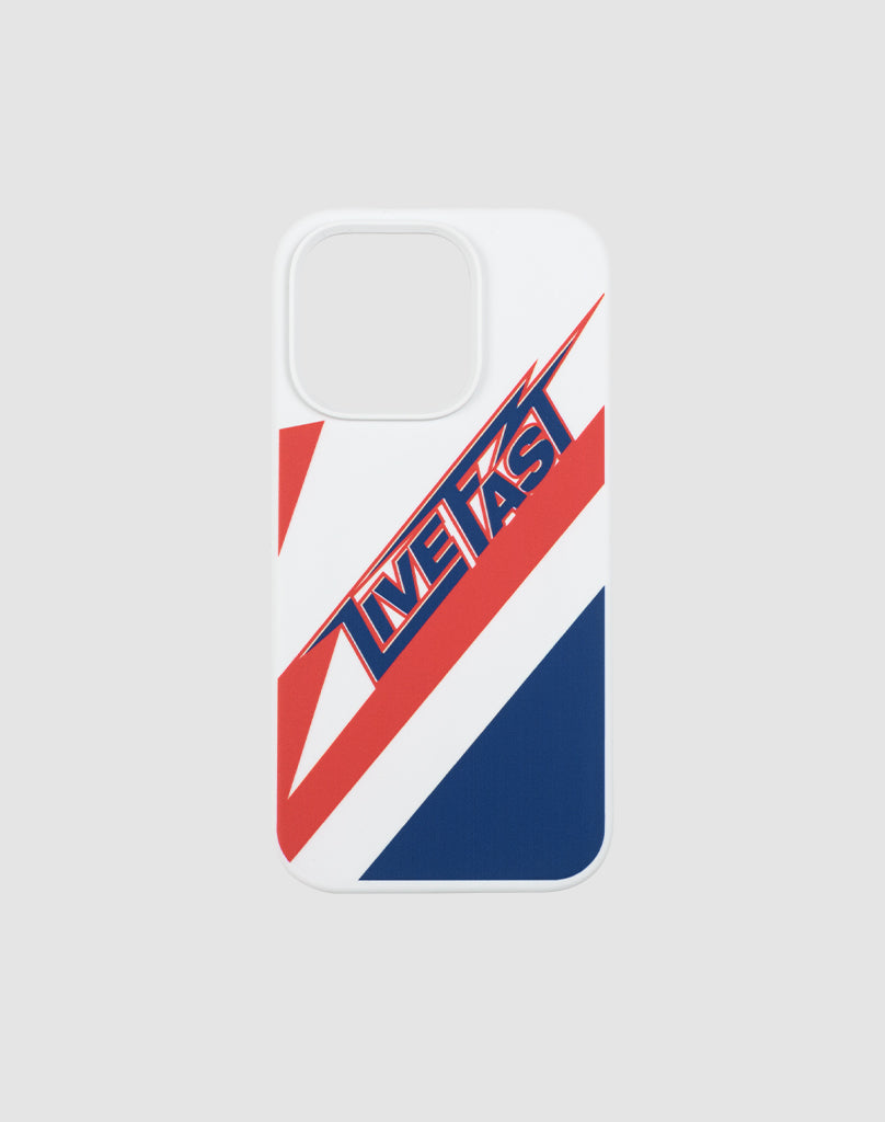The LFDY Flash iPhone Case by LIVE FAST DIE YOUNG is a white TPU cover with bold red, blue, and white stripes and LIVE FAST lettering. Print LF2503-17171 gives this vibrant case a distinctive look for your device.