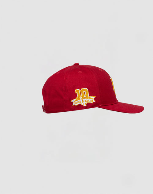 A side view of the LF 10th Snapback by LIVE FAST DIE YOUNG shows a red cap with yellow 10 Anniversary embroidery above a ribbon on the side panel. Made from 100% Baumwolle with Mit Snapverschluss. Plain light gray background.
