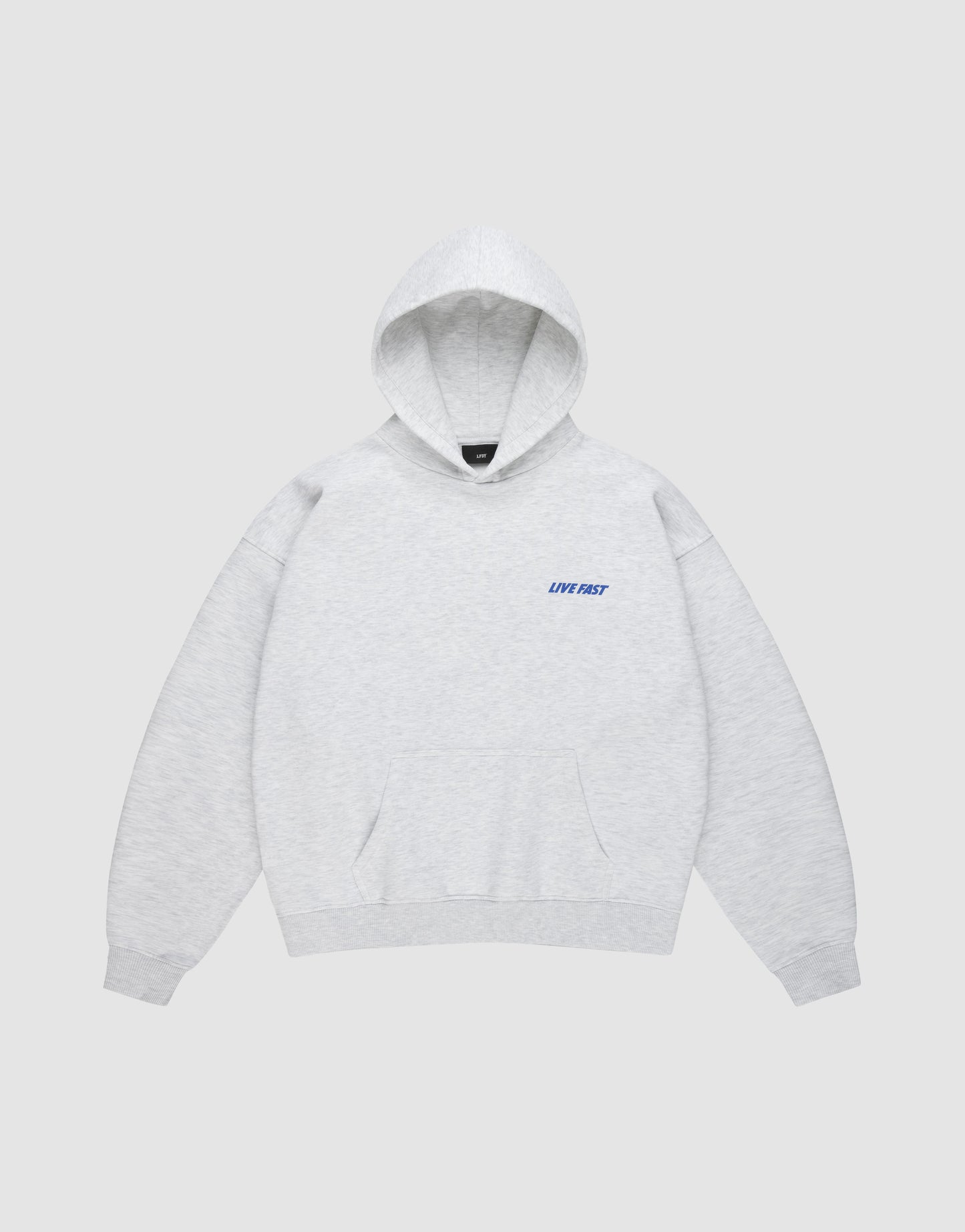 The LFDY Globe Hooded by LIVE FAST DIE YOUNG is a light gray oversized hoodie with a front pocket and small blue LIVFAST text on the left chest.