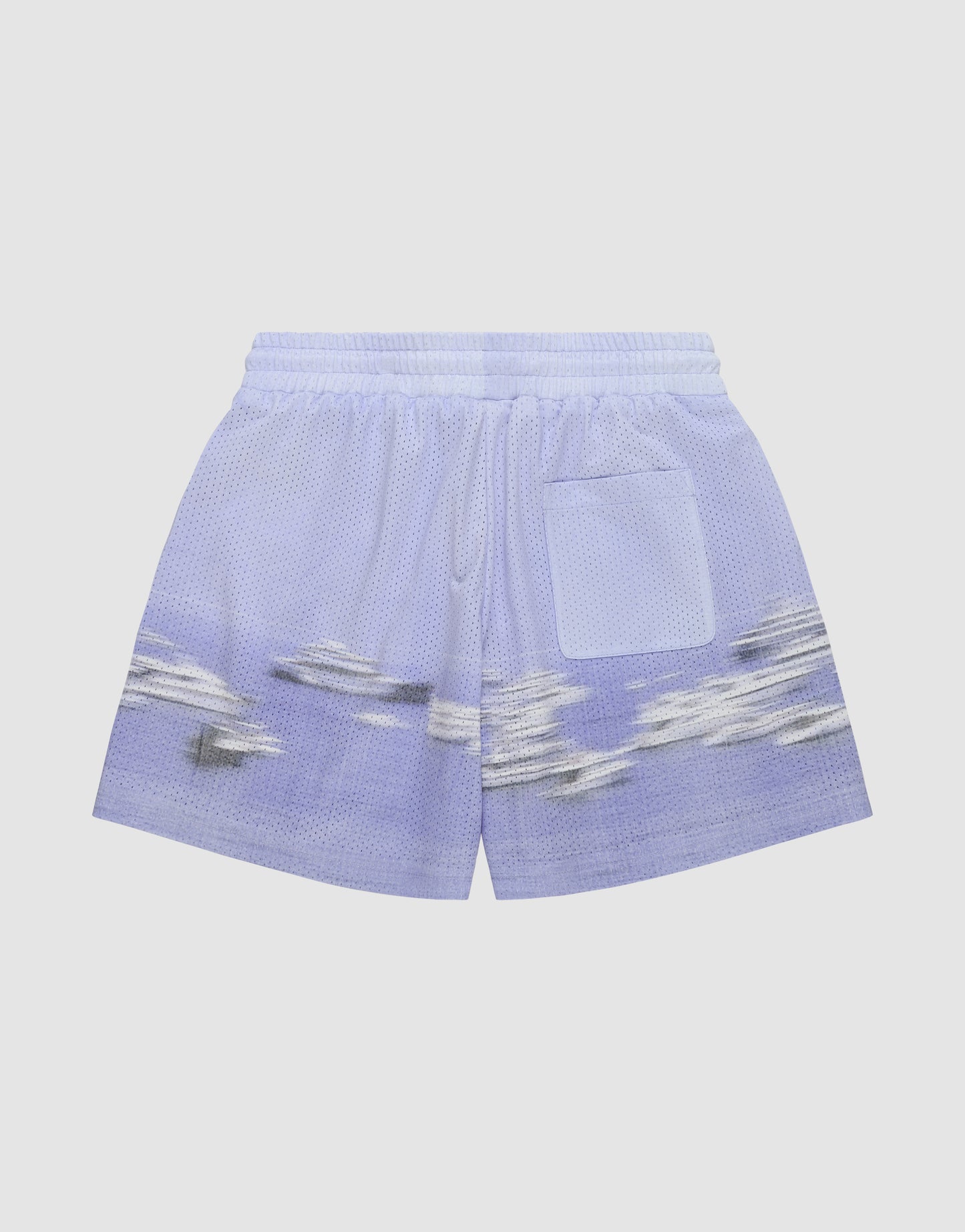 The LFDY Boat Mesh Shorts by LIVE FAST DIE YOUNG feature light purple polyester, a white elastic waistband, single back pocket, and a blurry white and dark abstract pattern on the lower half. Logo-printed shorts shown on a plain white background.