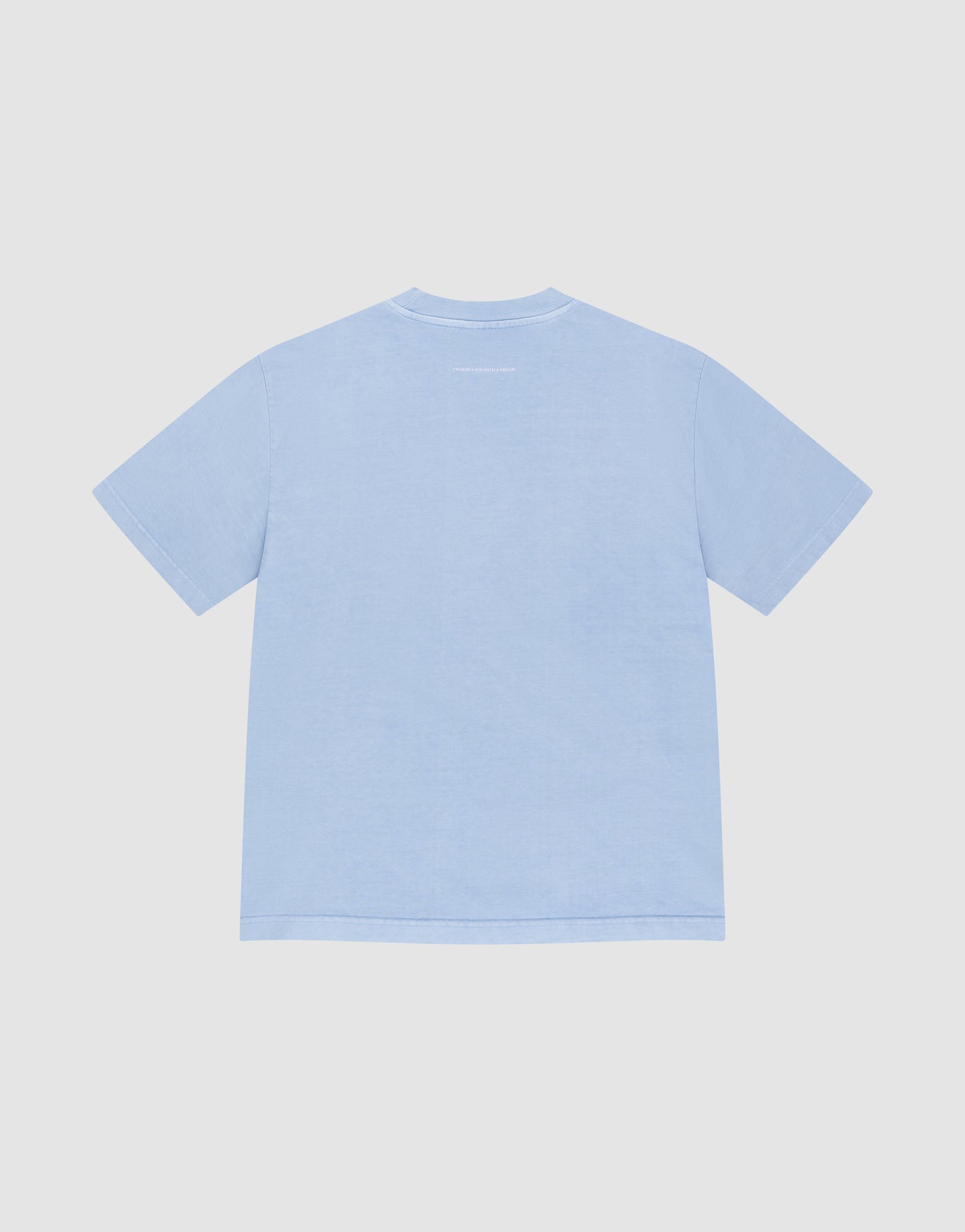 The LIVE FAST DIE YOUNG Live Fast College Tee, a plain light blue oversize fit short-sleeve t-shirt, is displayed flat with the back side up against a white background.