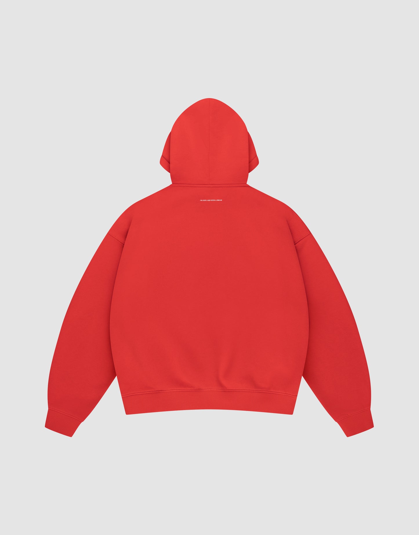 A plain red Live Fast College Hooded by LIVE FAST DIE YOUNG is shown from the back against a light gray background. Below the hood, a small line of white text is centered, emphasizing this comfortable and clean style.