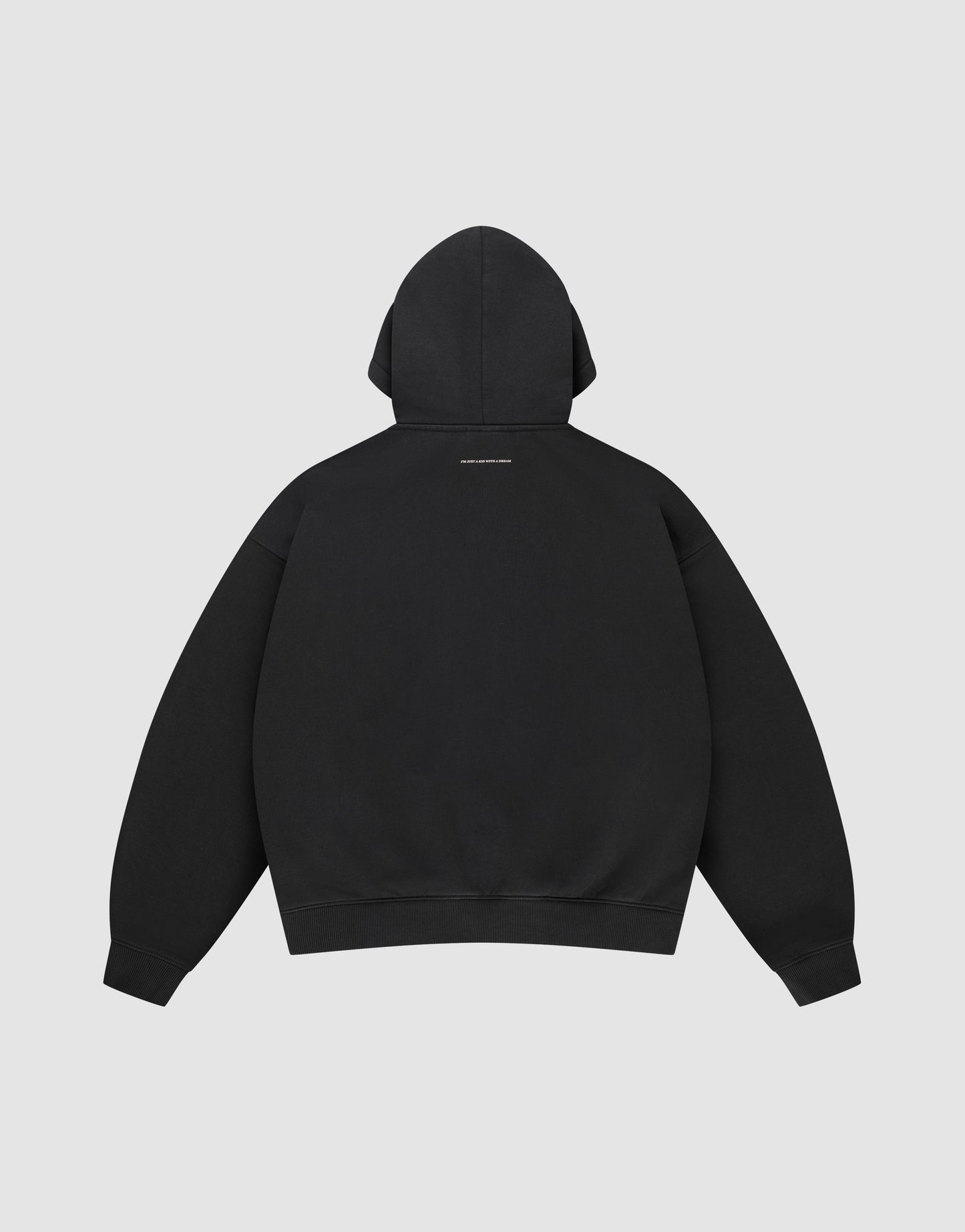 The LIVE FAST DIE YOUNG Live Fast College Hooded is an oversized black sweatshirt, shown from the back with a small white text logo below the hood, made from premium cotton against a plain light gray background.