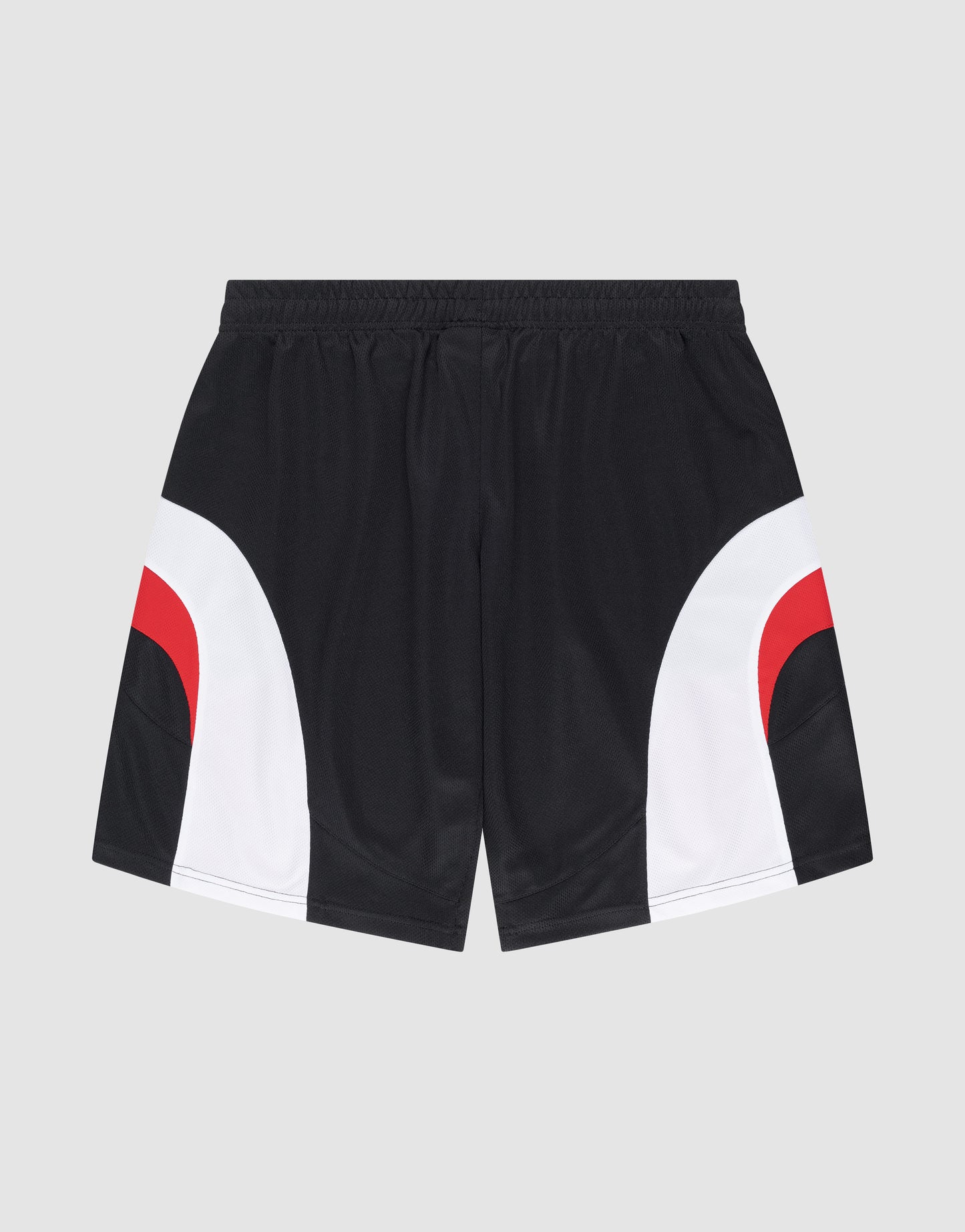 LIVE FAST DIE YOUNG Basic Trackshorts: black athletic shorts with white and red curved side panels, featuring a comfortable elastic waistband, shown flat on a light gray background.