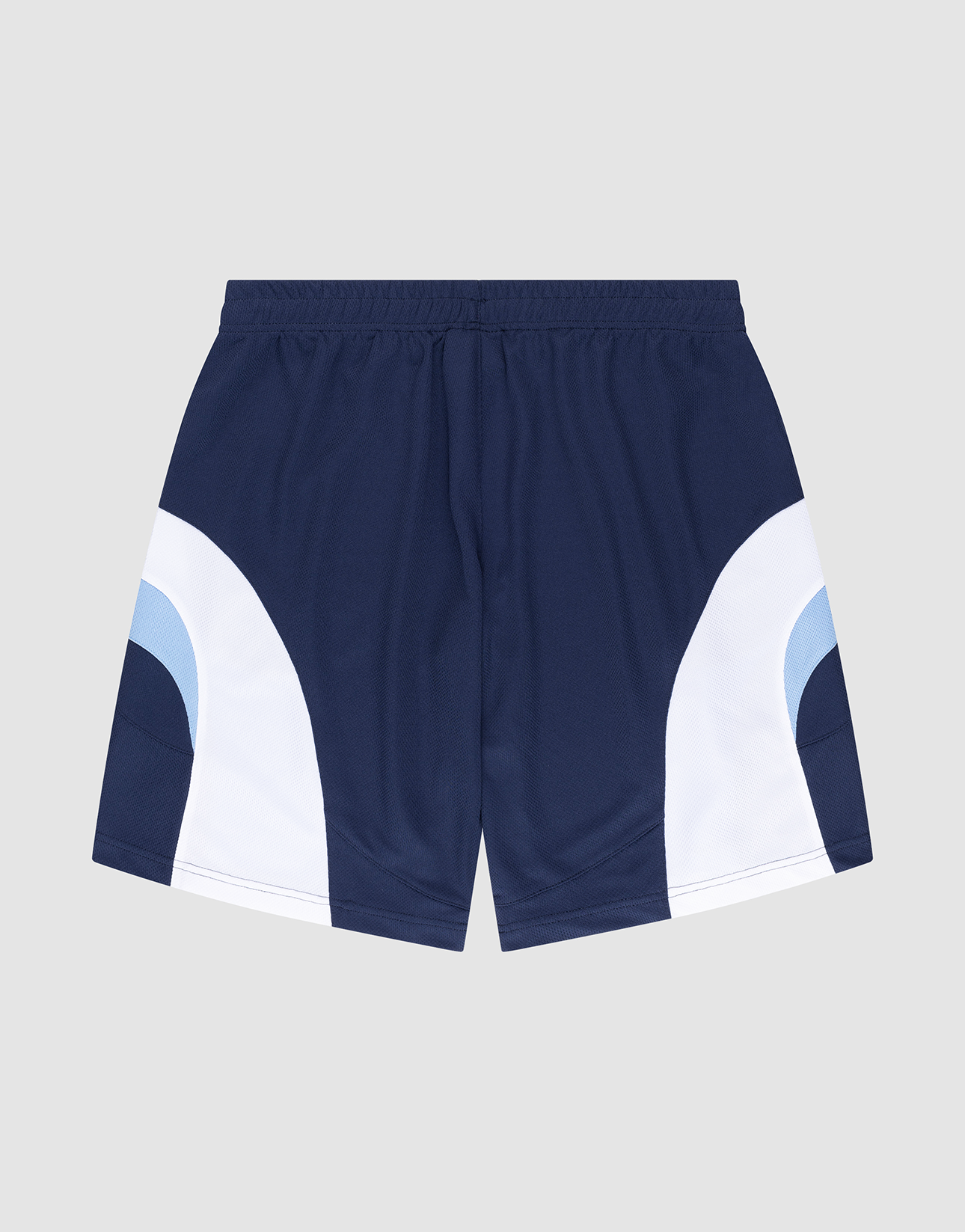 LIVE FAST DIE YOUNG Basic Trackshorts in navy blue with white and light blue curved color block side panels, subtle logo print, and elastic waistband, shown flat on a light gray background.