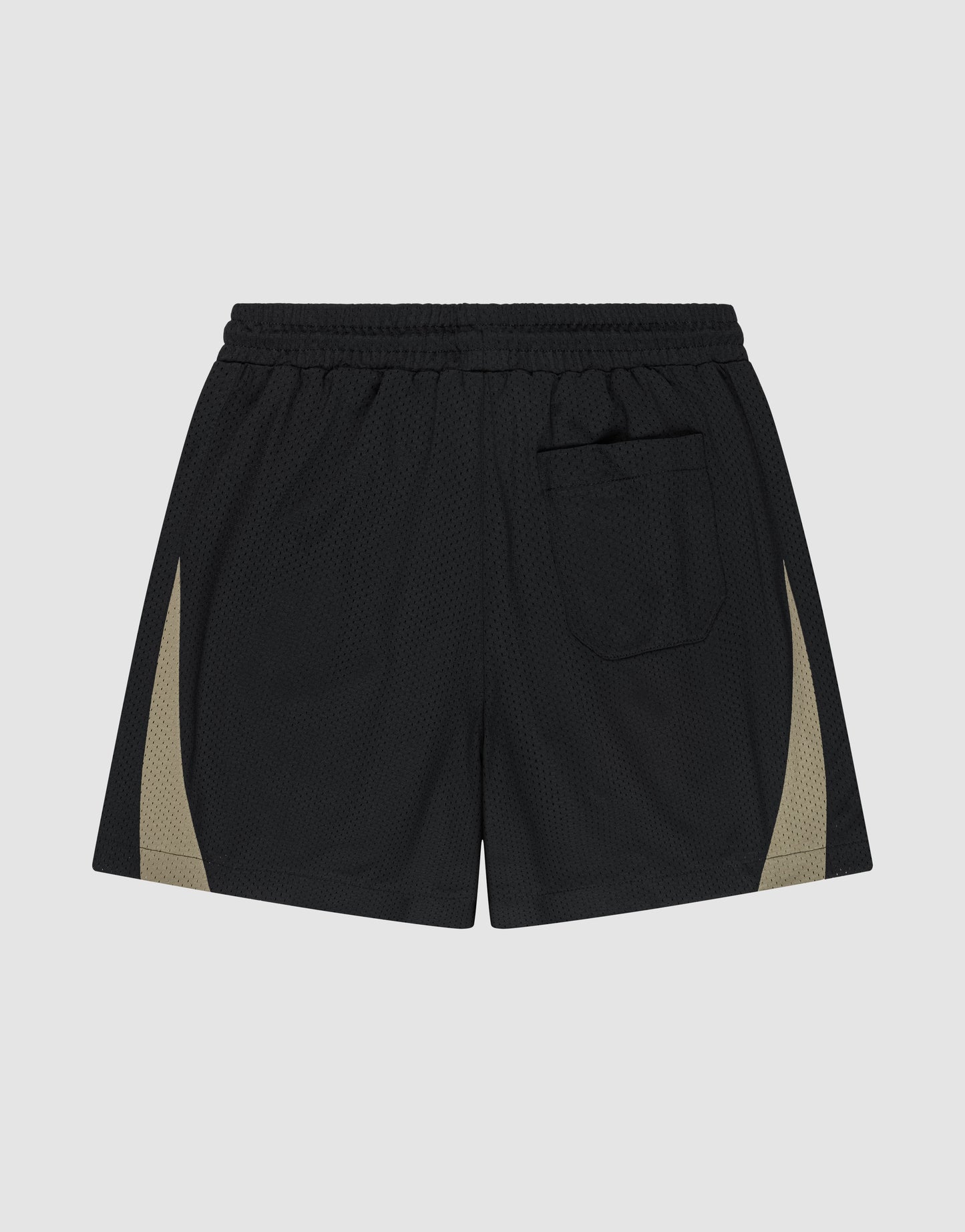 The LIVE FAST DIE YOUNG Striped Mesh Shorts feature a regular fit, elastic waistband, small right back pocket, beige side accent panels, and a subtle logo patch, shown on a plain light grey background.
