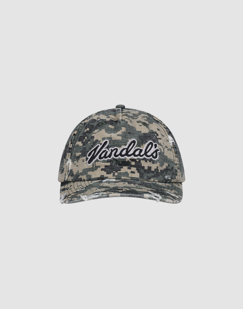The LFDY Vandals Cap by LIVE FAST DIE YOUNG is a camouflage baseball cap with a sweatband, black and white "Vandals" cursive embroidery on the front, and a practical snap closure, shown against a plain light background.