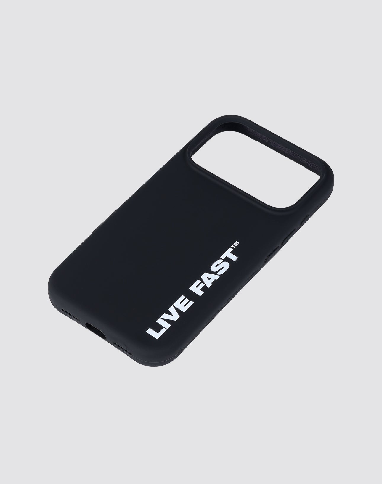 The LFDY Phone Case by LIVE FAST DIE YOUNG is a black TPU smartphone cover with a rectangular camera cutout and "LIVE FAST™" printed in bold white letters on the lower back.