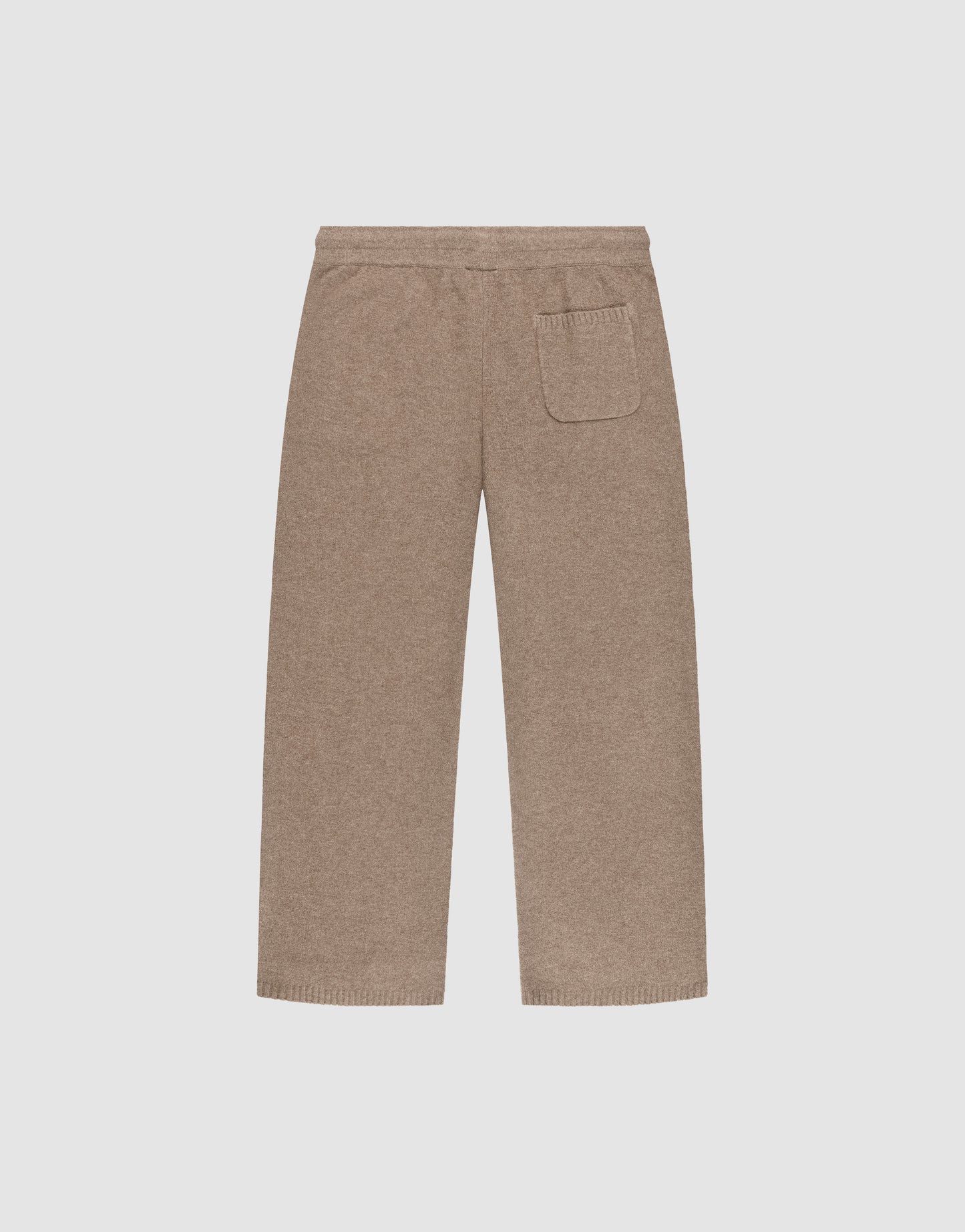 The Live Fast Boucle Pants by LIVE FAST DIE YOUNG are light brown, Wide Fit knit pants with an elastic waistband, straight legs, and a right back patch pocket, shown against a plain white background.