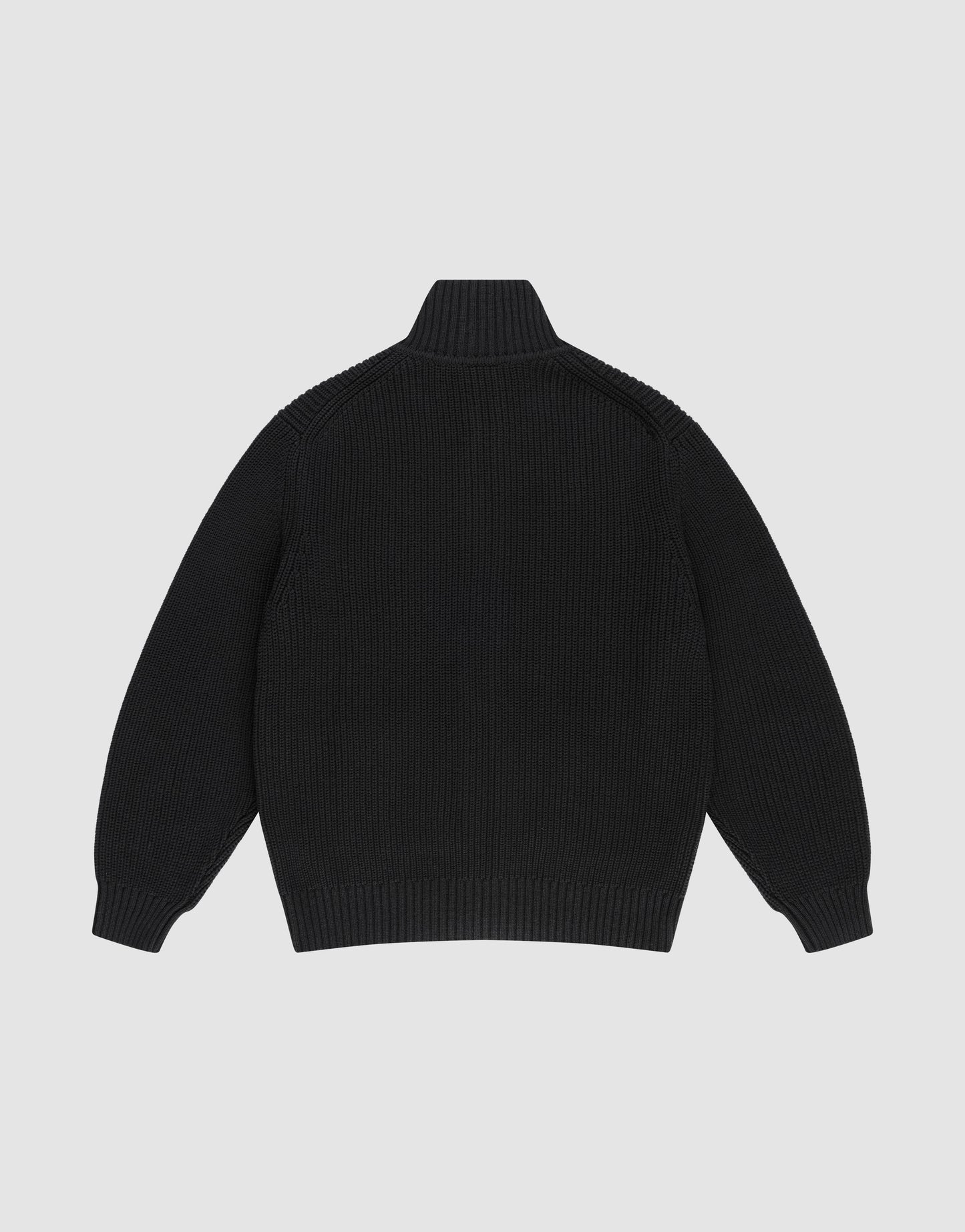 The LFDY Knit Jacket by LIVE FAST DIE YOUNG is a black, long-sleeve knit sweater with raglan sleeves, ribbed cuffs and hem, and a stand-up collar. Made from 100% Baumwolle, it is shown laid flat with the back facing up.